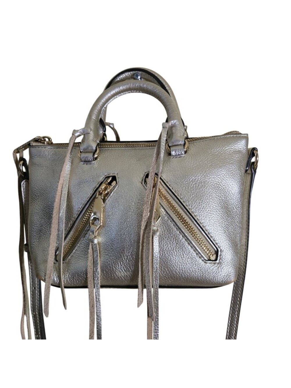 Rebecca Minkoff Micro Satchel Metallic Dual Diagonal Zip Fringe Top Handle